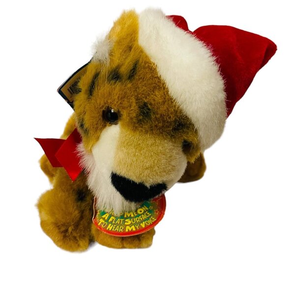 Fiesta Santa Hat Leopard Tiger Plush Voice Activated Soft Cuddly Toys 10" Red Br - Picture 1 of 12